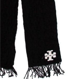 Tory Burch Black Marino Wool Scarf with White Logo